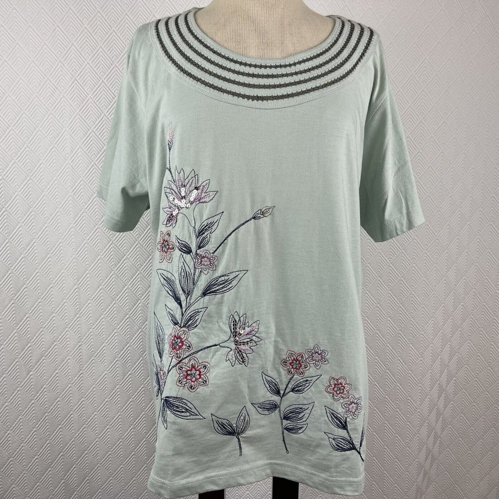 Adrian Delafield Woman’s Embroidered Top T-shirt Sage Green Sequins Floral XL